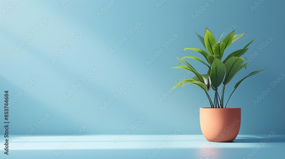 A vibrant green potted plant against a blue background, bathed in soft natural light, creating a serene and minimalistic aesthetic. 3D Illustration.