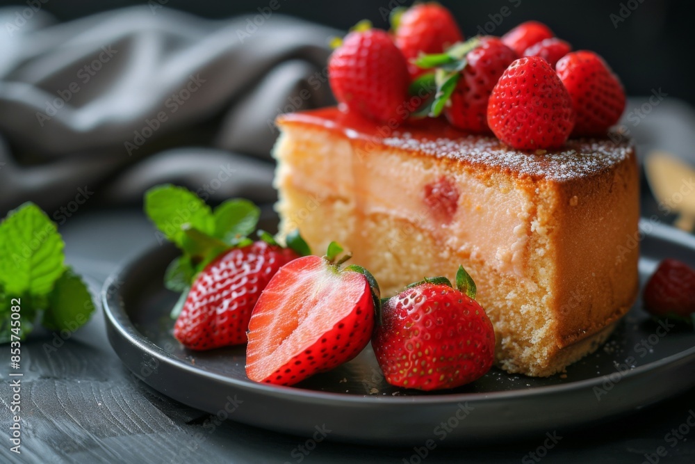 Strawberry Cheesecake Slice on a Dark Plate Strawberry Cheesecake Slice on a Dark Plate