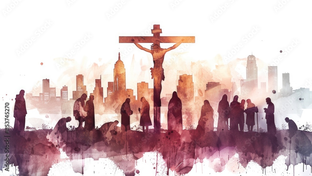 Watercolor silhouette of Jesus on the cross with his disciples and people praying in front. Watercolor silhouette of Jesus on the cross with his disciples and people praying in front.