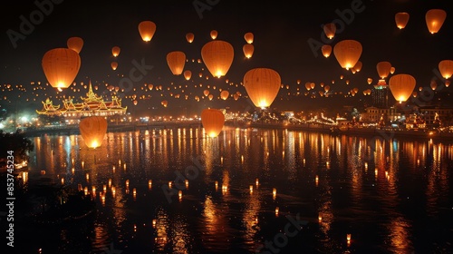 Lanterns lighting up the night sky at Yi Peng Festival, Thailand.
