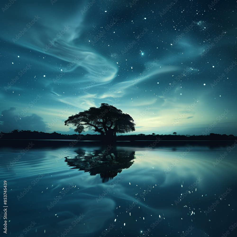 Secluded Mere Mirrored in Nightly Sky Enriched with Cosmic Displays Secluded Mere Mirrored in Nightly Sky Enriched with Cosmic Displays