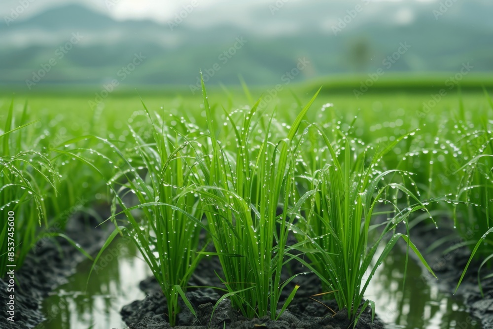 Obraz premium Green paddy field with dew droplets glistening on rice plants