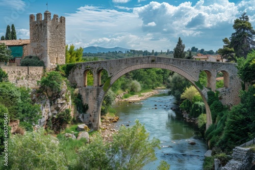 Ancient stone bridge over scenic river