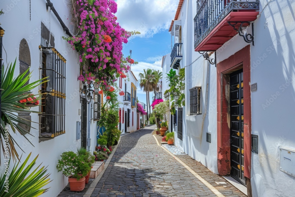 Obraz premium Beautiful Spanish Alleyway with Blooming Bougainvillea