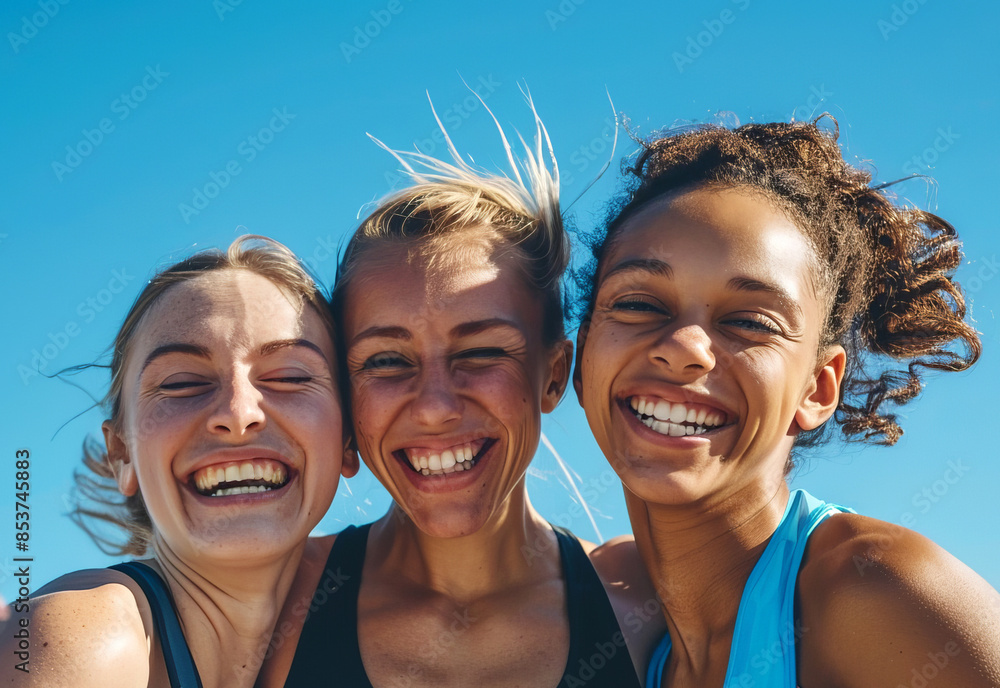 closeup female athlete friends are laughing and hugging closeup female athlete friends are laughing and hugging