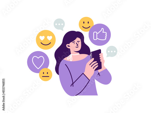 A female influencer or SMM manager receives reactions and likes. Promotion of a product, a service, or a blog in social networks. Trendy vector flat illustration isolated on a white background.