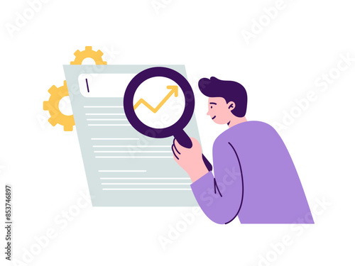 A man analyzes data and optimizes a website for popular search. Search engine optimization concept. Trendy vector flat illustration isolated on a white background.