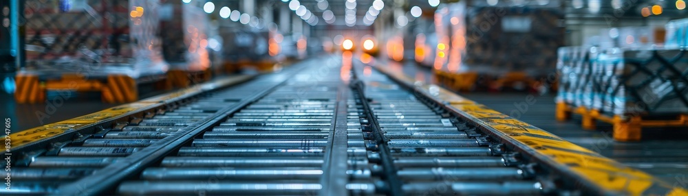 Modern Industrial Warehouse with Automated Conveyor System and Stacked Pallets Modern Industrial Warehouse with Automated Conveyor System and Stacked Pallets