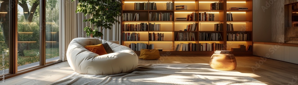 Cozy Modern Reading Nook with Large Bookshelf and Natural Light in Contemporary Living Room Cozy Modern Reading Nook with Large Bookshelf and Natural Light in Contemporary Living Room
