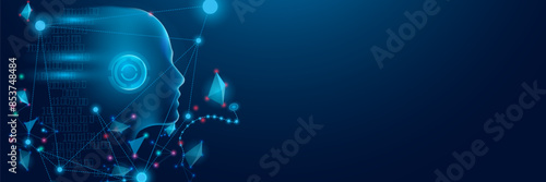 Artificial intelligence with machine learning. AI with a digital brain processes big data and analyzes information on blue background.