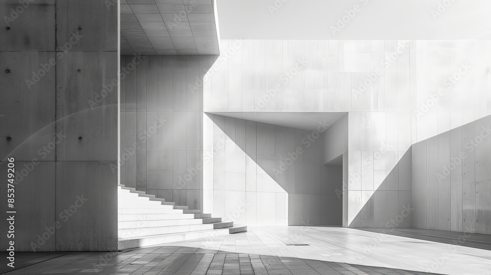 Obraz premium Modern Minimalist Architecture with Geometric Shadows and Clean Lines in Black and White