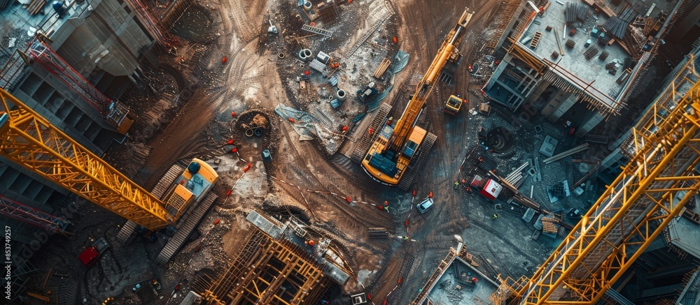 Aerial View of a Busy Construction Site with Heavy Machinery and Workers in an Urban Area Aerial View of a Busy Construction Site with Heavy Machinery and Workers in an Urban Area