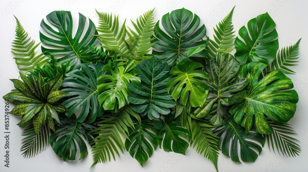 Artistic arrangement of tropical leaves, including palms, ferns and monstera, on a white background. Artistic arrangement of tropical leaves, including palms, ferns and monstera, on a white background.