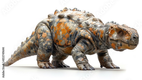 An armored Ankylosaurus on a white background, showcasing its protective shell and tail club. © bird_saranyoo