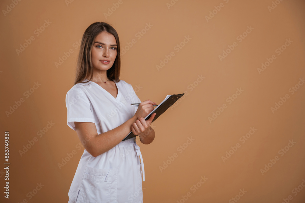 Fototapeta premium Black notepad in nurse hands. Young pretty woman is against background in the studio