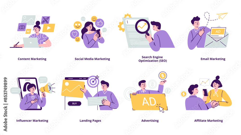 Set of marketing scenes. Concepts with men and women taking business activities in online marketing. Trendy vector flat illustrations isolated on a white background. Set of marketing scenes. Concepts with men and women taking business activities in online marketing. Trendy vector flat illustrations isolated on a white background.