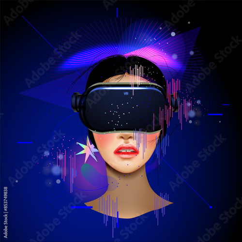 Metaverse technology concept. Woman with VR virtual reality goggles. Futuristic lifestyle, vector illustration