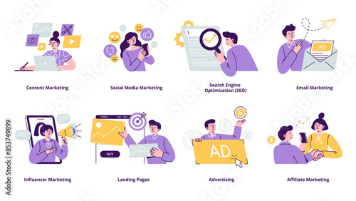 Set of marketing scenes. Concepts with men and women taking business activities in online marketing. Trendy vector flat illustrations isolated on a white background. 