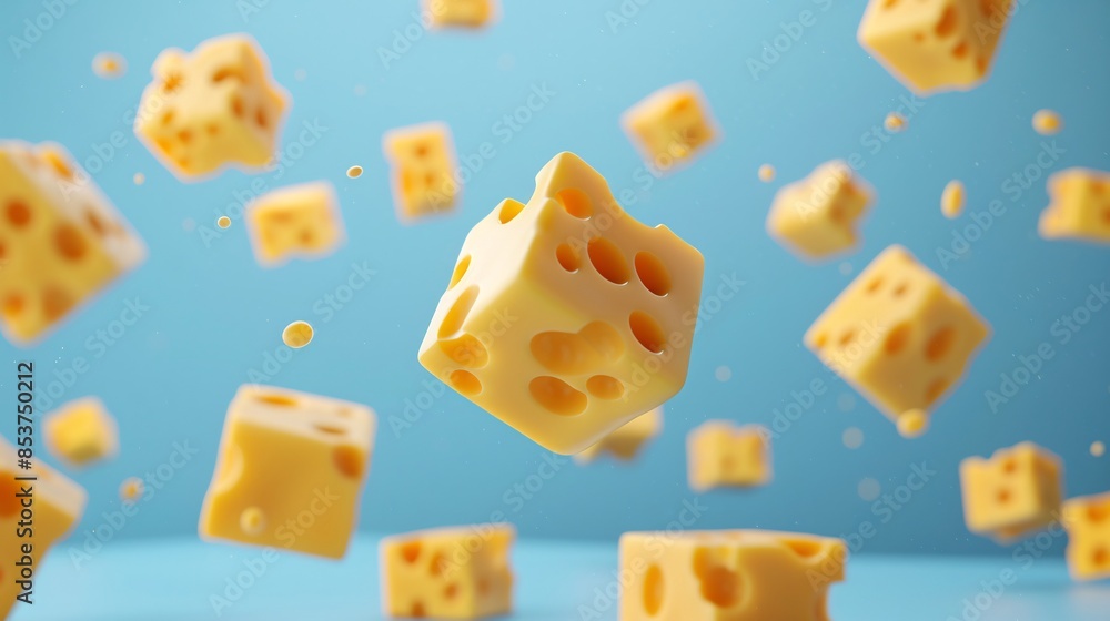 Floating cheese cubes with holes in mid-air against a blue background. Conceptual and surreal food photography with vibrant colors. 3D Illustration. Floating cheese cubes with holes in mid-air against a blue background. Conceptual and surreal food photography with vibrant colors. 3D Illustration.