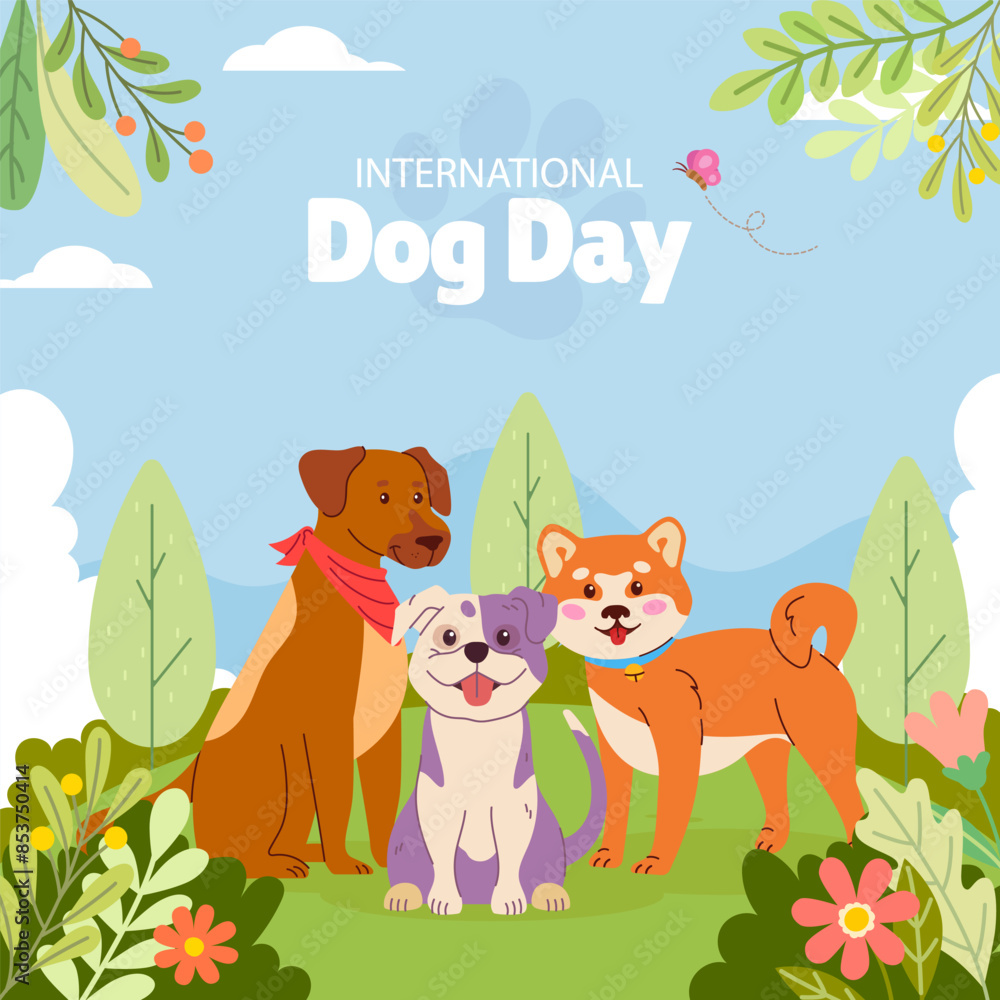 Naklejka premium Happy National Dog Day greeting card vector design. Cute cartoon dogs in the park. Vector flat illustration. Vector banner template with a dogs