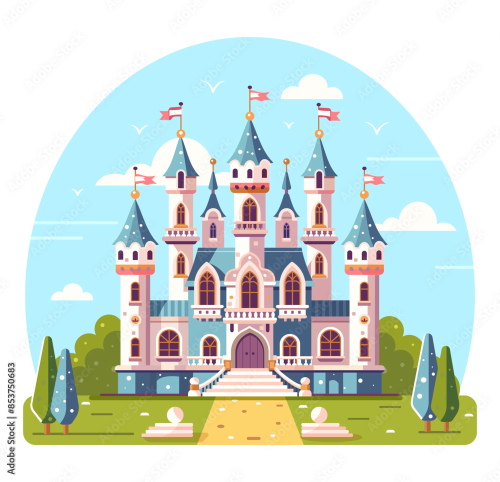 A whimsical castle with towers and flags on a sunny day, featuring lush greenery and a clear sky. Vector illustration A whimsical castle with towers and flags on a sunny day, featuring lush greenery and a clear sky. Vector illustration