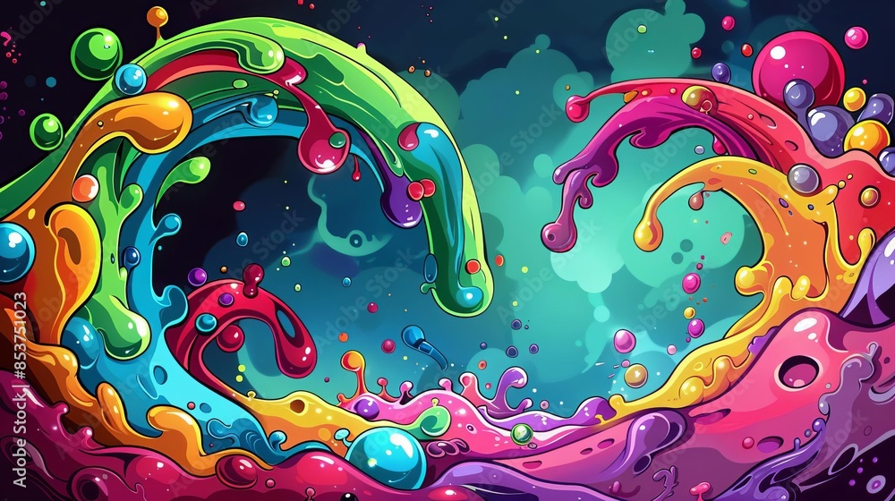 Fototapeta premium Illustrate a captivating scene with liquids cascading in intricate patterns, vibrant lights, and iridescent bubbles interacting with intricate fractal lattices