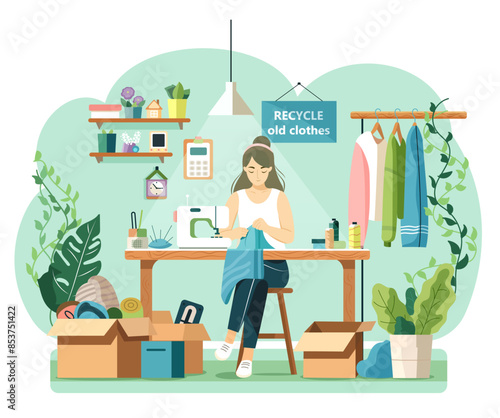 Woman sewing old clothes, flat design, indoor scene with plants and shelves, concept of recycling. Vector illustration