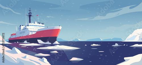 Icebreaker ship navigating through icy waters with snow-capped mountains in the background, flat illustration style, arctic expedition concept. Vector illustration
