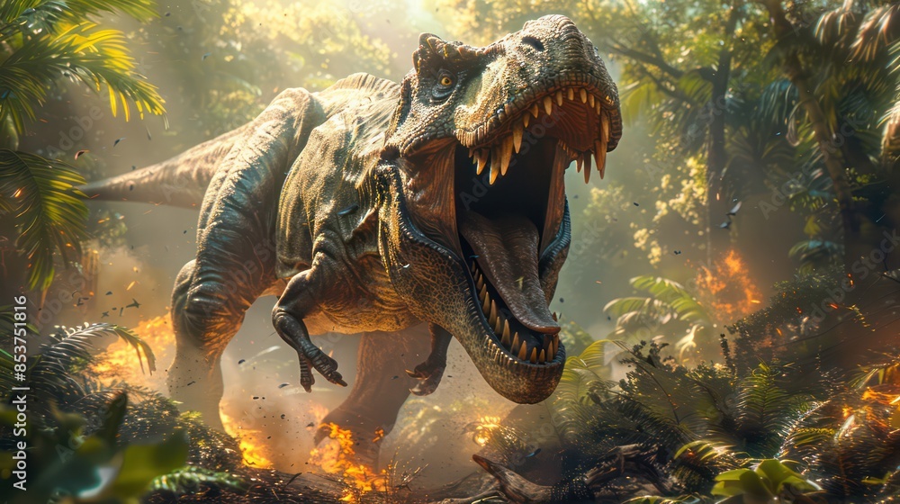 Obraz premium A majestic T. rex roars in a lush prehistoric forest. It shows its enormous size and power.