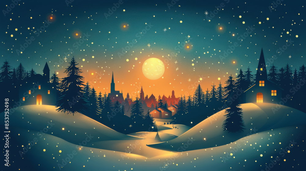 Naklejka premium A magical winter night scene featuring a snowy village under a starry sky with a bright full moon.