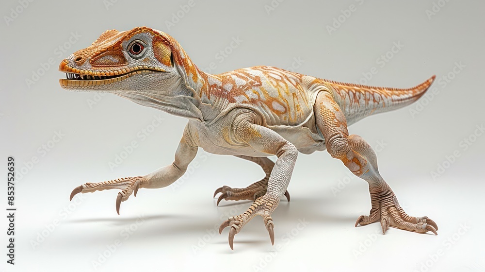 Naklejka premium A fierce Velociraptor in a dynamic pose on a white background, showcasing its agility and claws.