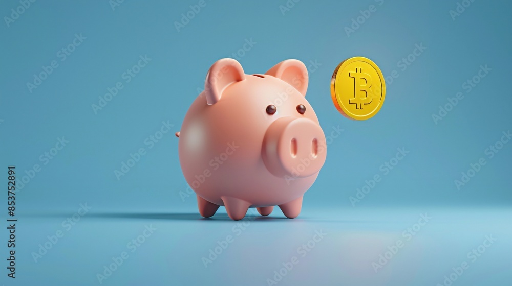 Piggy bank with floating coin on blue background symbolizing savings and financial growth. 3D Illustration. Piggy bank with floating coin on blue background symbolizing savings and financial growth. 3D Illustration.
