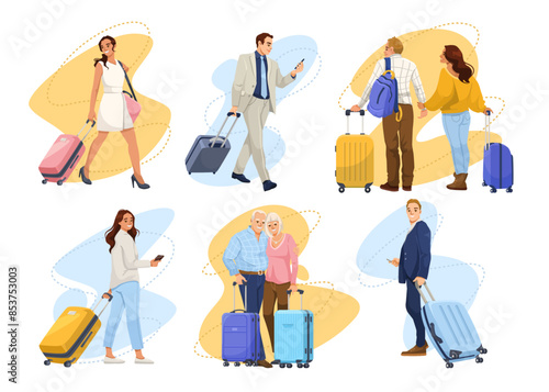 Various travelers with luggage on abstract backgrounds. Vector illustration