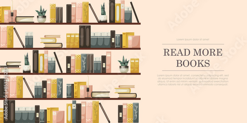 Illustration of bookshelves with various books and plants on beige background. Concept of reading promotion. Vector illustration