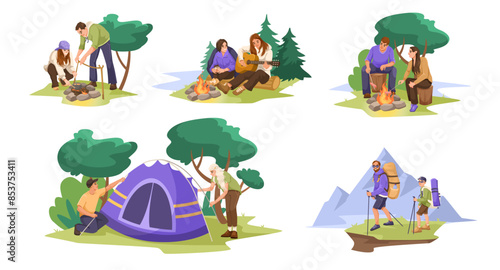 People camping with campfires, a tent, and hiking gear in a forest and mountain background. Concept of outdoor adventures. Vector illustration