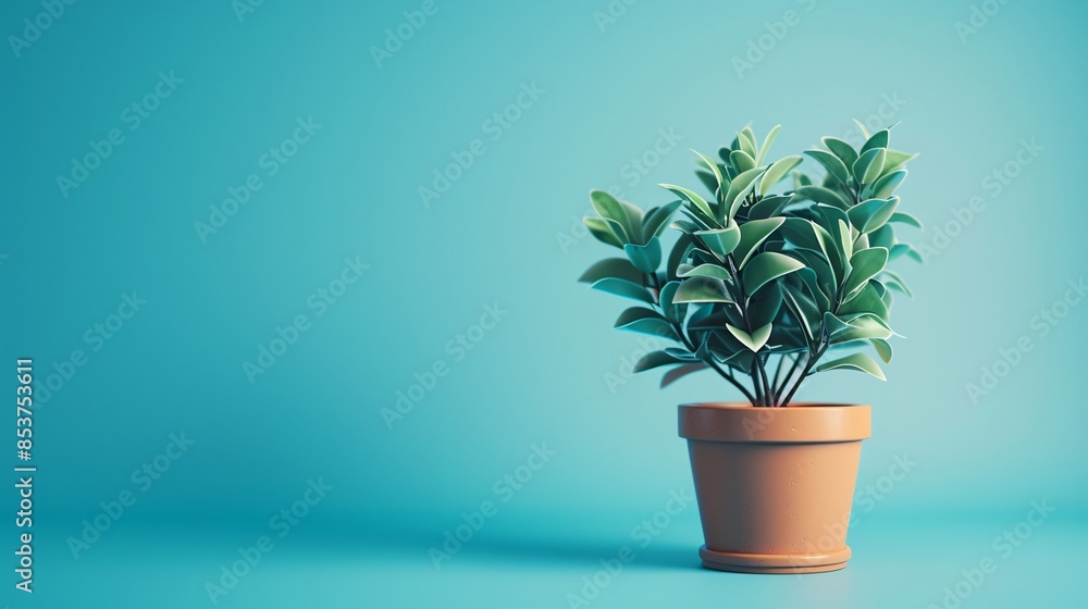 Fototapeta premium Potted green plant in terracotta pot on blue background, minimalist home decor and houseplant concept, modern interior design. 3D Illustration.