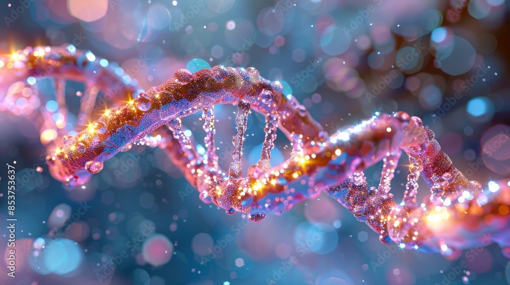 Close-up of Colorful DNA Double Helix Structure with Glowing Particles and Bokeh Background Close-up of Colorful DNA Double Helix Structure with Glowing Particles and Bokeh Background