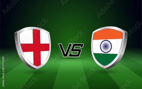 India vs England flag shields on a green field backdrop are icons of their fierce cricket competition