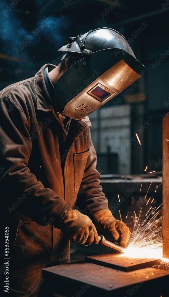 A dedicated welder in action, skillfully manipulating metal amidst a shower of sparks in a traditional workshop A dedicated welder in action, skillfully manipulating metal amidst a shower of sparks in a traditional workshop