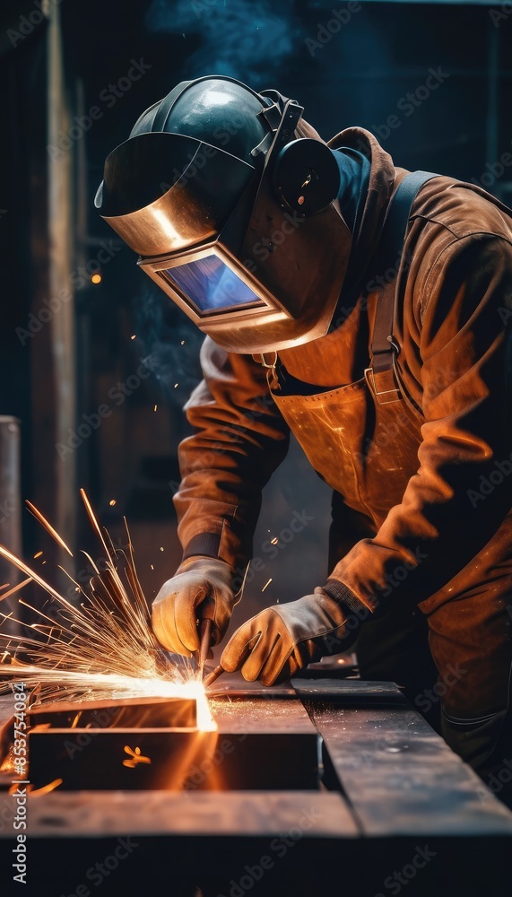Skilled welder at work, sparks flying as he fuses metal with precision and expertise in a dimly lit workshop, showcasing the artistry and craft of welding Skilled welder at work, sparks flying as he fuses metal with precision and expertise in a dimly lit workshop, showcasing the artistry and craft of welding