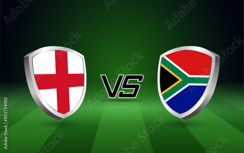 England vs South Africa flag shields on a green field backdrop are icons of their fierce cricket competition