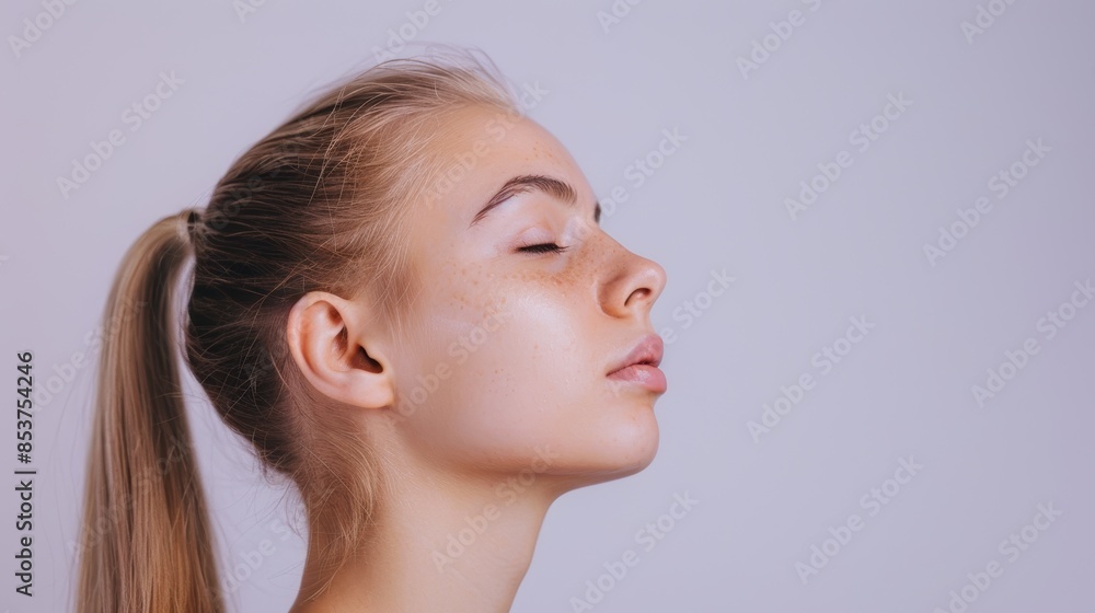 Woman, beauty, profile face Enjoy natural cosmetics, blonde hair care, and skincare. Beauty, makeup, and studio enthusiast on purple. Woman, beauty, profile face Enjoy natural cosmetics, blonde hair care, and skincare. Beauty, makeup, and studio enthusiast on purple.