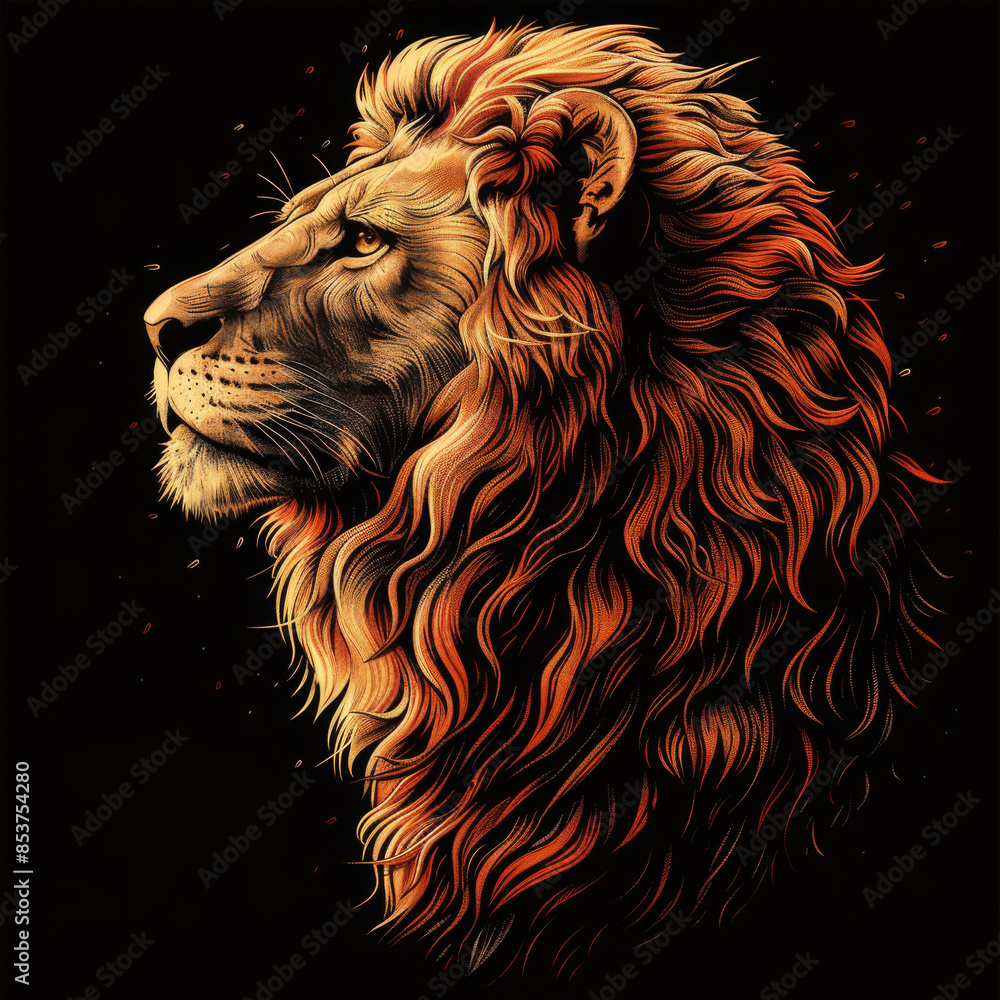 Naklejka premium Digital illustration of a majestic lion with a fiery mane, set against a black background, showcasing strength and nobility.