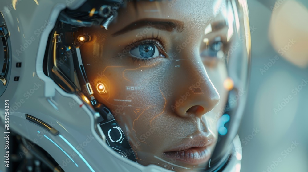 Futuristic Close-Up of a Woman in a High-Tech Space Helmet with Digital Interface Reflections Futuristic Close-Up of a Woman in a High-Tech Space Helmet with Digital Interface Reflections