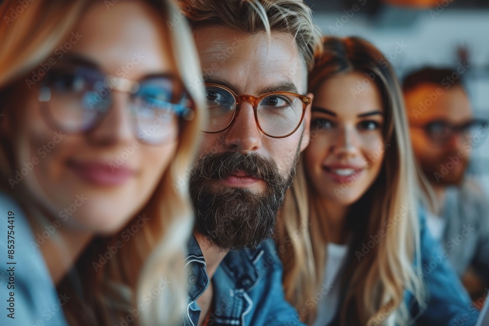 Group of Young Professionals Collaborating in a Modern Office Setting with Focus on Bearded Man Group of Young Professionals Collaborating in a Modern Office Setting with Focus on Bearded Man