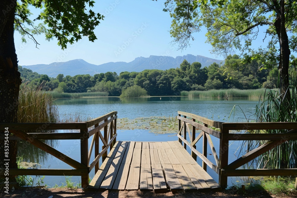Peaceful Wooden Dock Overlooking Serene Lake and Mountains Peaceful Wooden Dock Overlooking Serene Lake and Mountains
