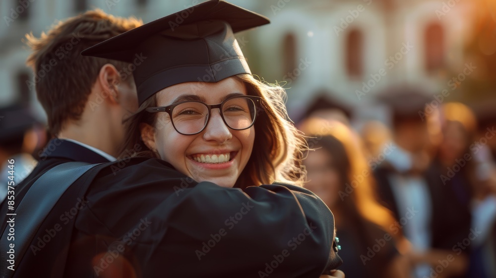 Fototapeta premium Hug, graduation, student success, cheerful and smiling in gown; outdoor. Graduation, gladness, or embrace for university, college, or diploma education