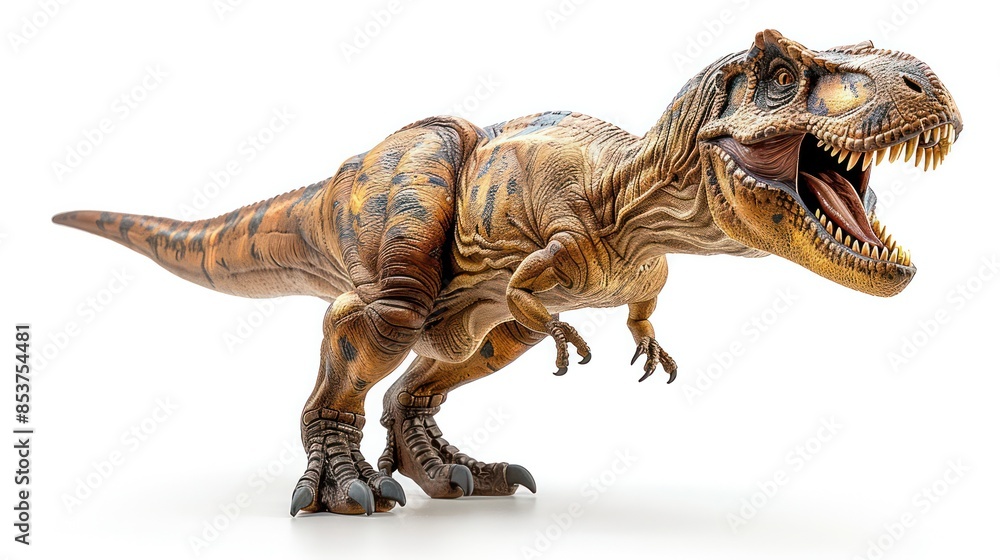 Obraz premium A detailed T-Rex standing on a white background, showing its massive jaws and sharp teeth.