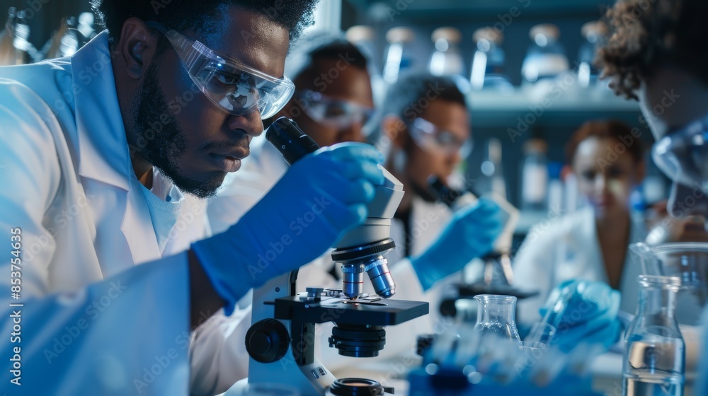 Science, microscope, and black man testing in medical research lab. Researchers, microbiologists, and biotechnologists plan DNA pathology, innovation, and research. Science, microscope, and black man testing in medical research lab. Researchers, microbiologists, and biotechnologists plan DNA pathology, innovation, and research.