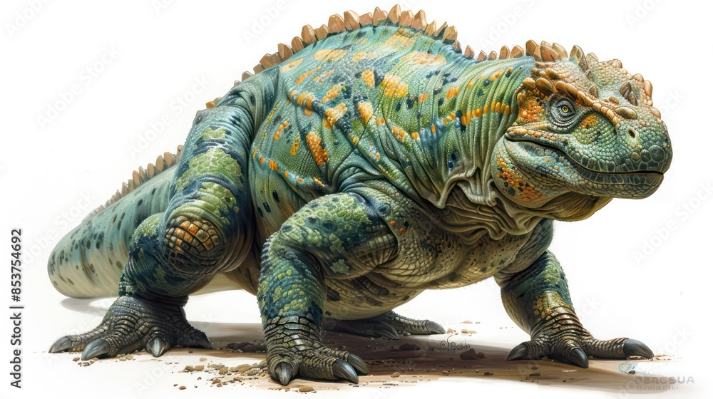 Obraz premium A detailed Iguanodon with its distinctive thumb spike on a white background.